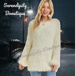 Girly Furry Comfy Soft Baggy Flare Long Sleeve Oversized Off White Sweater